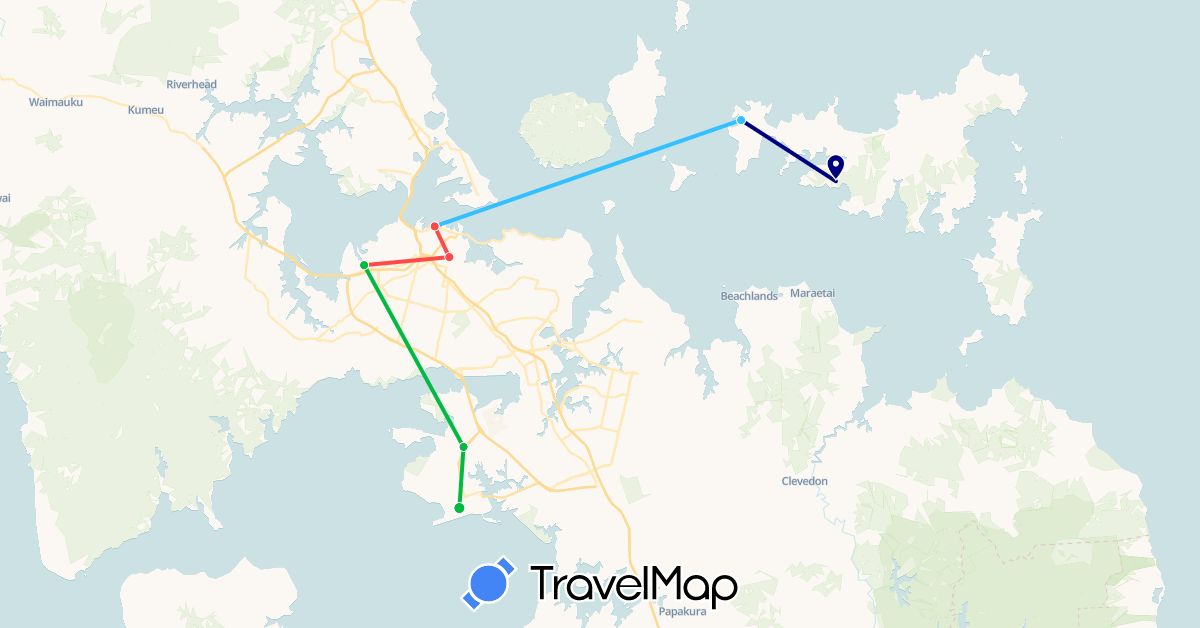 TravelMap itinerary: driving, bus, hiking, boat in New Zealand (Oceania)